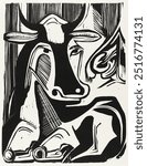 The Large Cow Lying Down (1929) print in high resolution by Ernst Ludwig Kirchner. Woodcut print by German expressionist artist, Ernst Ludwig Kirchner, woodcut art, cow woodcut illustration