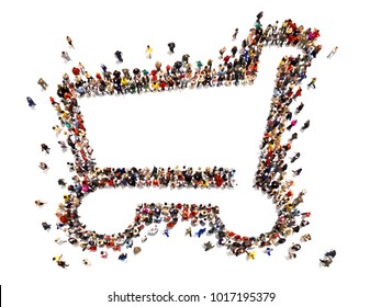 Large Crowd Of People Forming The Symbol Of A Shopping Cart .Versatile Concept With Room For Text Or Copy Space Advertisement Logo Of A Grocery Or Department Store. 3d Rendering Isolated On White 