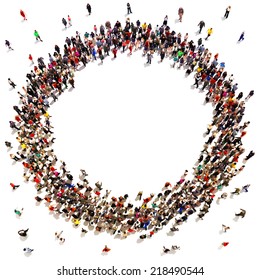 Large Crowd Of People Moving Toward The Center Forming A Circle With Room For Text Or Copy Space Advertisement On A White Background.