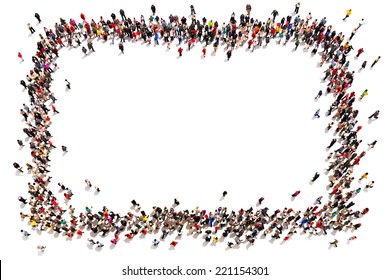 Large crowd of people moving toward the center forming a square with room for text or copy space advertisement on a white background. 