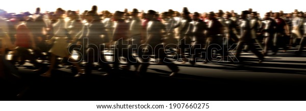 large crowd of people rushing to work concept at\
sunset 3d render