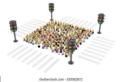 Large crowd of small symbolic 3d figures, with traffic light, over white