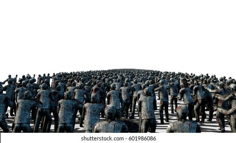 A large crowd of zombies. Apocalypse, halloween concept. isolate on white. 3d rendering.