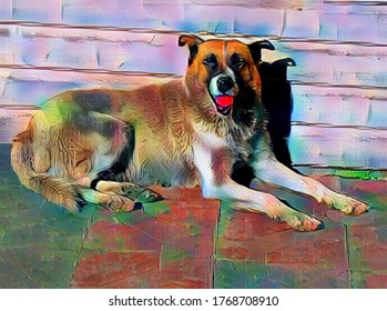 A Large Cute Dog Is Lying Near The Wall In The Style Of Painting Fauvism