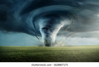 Large and dangerous storm system producing a tornado passing through open countryside. Mixed media illustration.