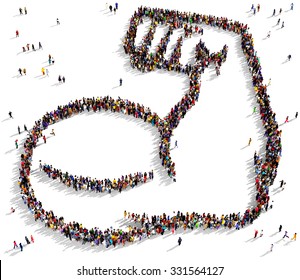 Large And Diverse Group Of People Gathered Together In The Shape Of A Strong Arm Symbol