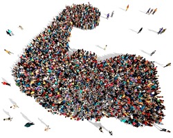 Large And Diverse Group Of People Seen From Above, Gathered Together In The Shape Of A Flexed Arm With Muscles, 3d Illustration