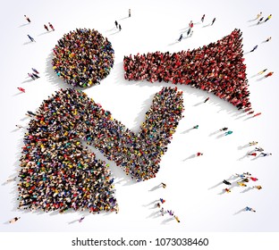 Large and diverse group of people seen from above gathered together in the shape of a man with a speaking trumpet, 3d illustration.
