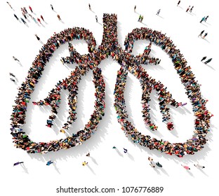 Un grupo grande y diverso de personas vistas desde arriba se juntaron en forma de dos pulmones, 3d ilustración