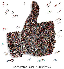 Large And Diverse Group Of People Seen From Above Gathered Together In The Shape Of Thumbs Up Symbol, 3d Illustration