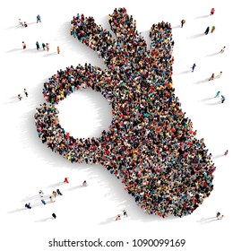 Large and diverse group of people seen from above gathered together in the shape of an Okay gesture, 3d illustration