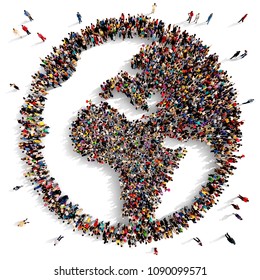Un grupo grande y diverso de personas vistas desde arriba se reunieron en forma de mapa mundial que se enfrenta a Europa y África, 3d ilustración