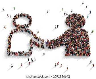 Large And Diverse Group Of People Seen From Above Gathered Together In The Shape Of A Symbol Of Two Different People Shaking Hands, 3d Illustration
