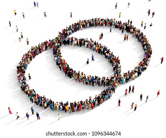 Large and diverse group of people seen from above gathered together in the shape of two intersecting circles, 3d illustration