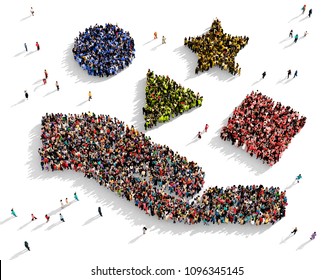 Large And Diverse Group Of People Seen From Above Gathered Together In The Shape Of A Hand Holding Different Objects, 3d Illustration