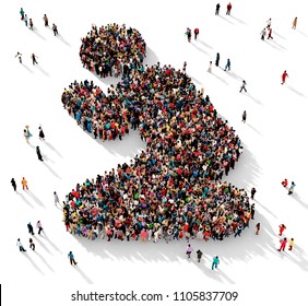 Large And Diverse Group Of People Seen From Above Gathered Together In Shape Of A Man Praying On His Knees, 3d Illustration