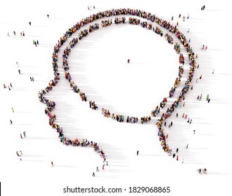 Un grupo grande y diverso de personas vistas desde arriba se reunieron en forma de símbolo de la Mente Humana, ilustración 3d
