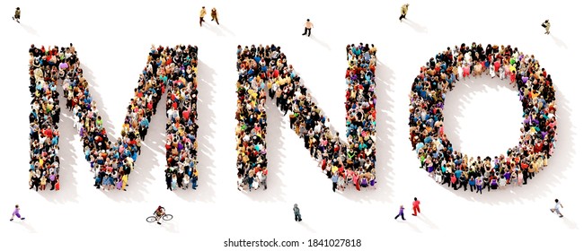 A Large And Diverse Group Of People Seen From Above Gathered Together In The Shape Of The MNO Letters, 3d Illustration
