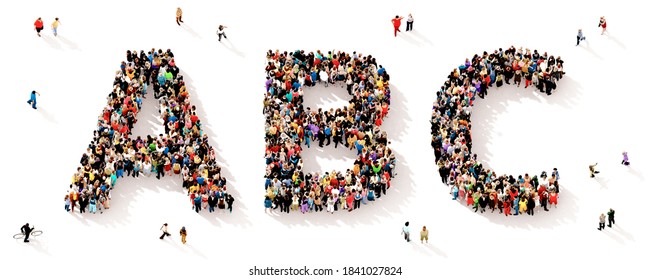 A Large And Diverse Group Of People Seen From Above Gathered Together In The Shape Of The ABC Letters, 3d Illustration
