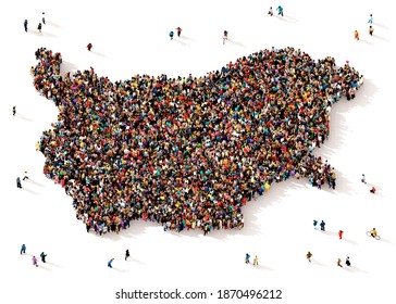 A large and diverse group of people seen from above gathered together in the shape of Bulgaria map, 3d illustration