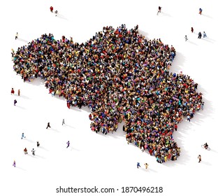 A large and diverse group of people seen from above gathered together in the shape of Belgium map, 3d illustration