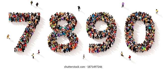 A Large And Diverse Group Of People Seen From Above Gathered Together In The Shape Of The Numbers Seven, Eight, Nine, And Zero, In A 3d Illustration
