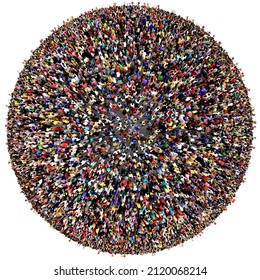 Large and diverse group of people seen from above gathered together on the surface of a sphere, 3d illustration