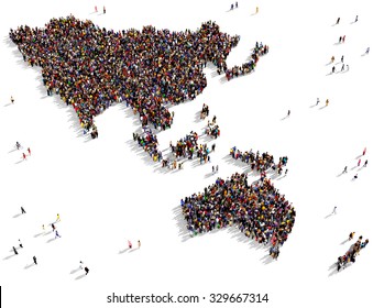 Large and diverse group of people seen from above gathered together in the shape of Oceania map