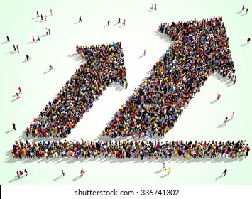 Large And Diverse Group Of People Seen From Above Gathered Together Is The Shape Of Two Arrows Pointing Up