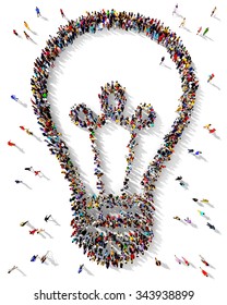 Large and diverse group of people seen from above gathered together in the shape of a light bulb, standing on a white background