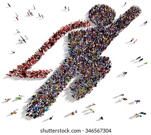 Large And Diverse Group Of People Seen From Above Gathered Together In The Shape Of A Flying Superhero