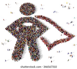 Large and diverse group of people seen from above gathered together in the shape of a superhero standing on a white background