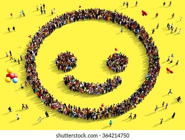 Large and diverse group of people seen from above gathered together in the shape of a smiling face, standing on a yellow background - Powered by Shutterstock