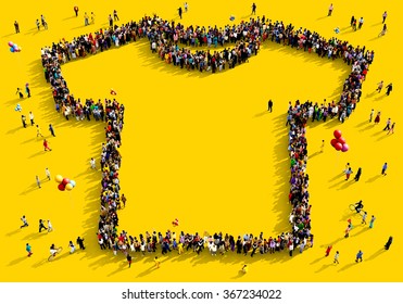 Large and diverse group of people seen from above gathered together in the shape of a t-shirt standing on a yellow background - Powered by Shutterstock