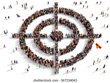 Large and diverse group of people seen from above gathered together in the shape of target