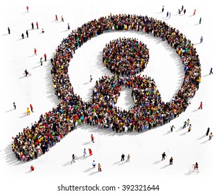 Large and diverse group of people seen from above gathered together in the shape of a magnifying glass searching people

