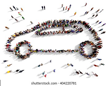 Large And Diverse Group Of People Seen From Above Gathered Together In The Shape Of A Car Side, 3d Illustration