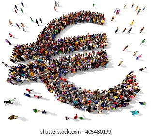 Large And Diverse Group Of People Seen From An Aerial Perspective Gathered Together In The Shape Of The Euro Sign, 3d Illustration