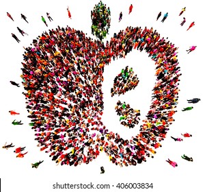 Large and diverse group of people seen from an aerial perspective gathered together in the shape of a red apple, 3d illustration