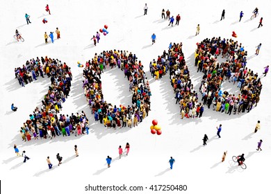 Large And Diverse Group Of People Seen From An Aerial Perspective, Gathered Together In The Shape Of Number 2018, 3d Illustration