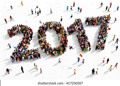 Large And Diverse Group Of People Seen From An Aerial Perspective, Gathered Together In The Shape Of Number 2017, 3d Illustration