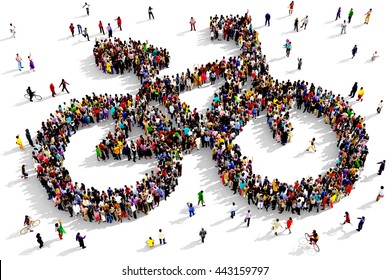 Large And Diverse Group Of People Seen From Above Gathered Together In The Shape Of A Bicycle Symbol, 3d Illustration