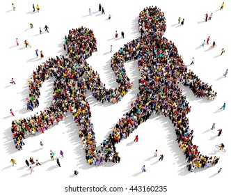 Large and diverse group of people seen from above gathered together in the shape of two silhouettes walking holding hands, 3d illustration - Powered by Shutterstock