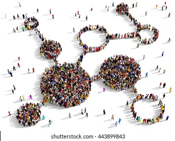 Large and diverse group of people seen from above gathered together in the shape of a diagram, 3d illustration