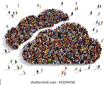 Large And Diverse Group Of People Seen From An Aerial Perspective, Gathered Together In The Shape Of Clouds Symbol, 3d Illustration