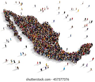 Un grupo numeroso y diverso de personas vistas desde arriba se reunió en forma de mapa de México, 3d ilustración