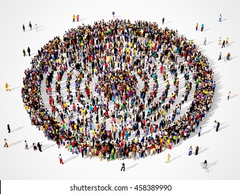 Large And Diverse Group Of People Seen From Above Gathered Together In The Shape Of A Concentric Inner Circles, 3d Illustration