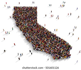 Large and diverse group of people seen from above gathered together in the shape of a California map, 3d illustration