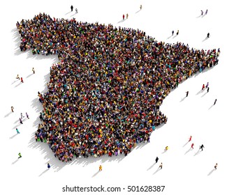 Large and diverse group of people seen from above gathered together in the shape of a Spain map, 3d illustration