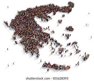 Large and diverse group of people seen from above gathered together in the shape of a Greece map, 3d illustration